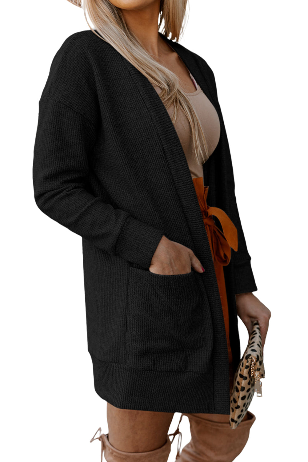 Schwarzer gerippter Strick cardigan mit offenen Vorderseite und Taschen