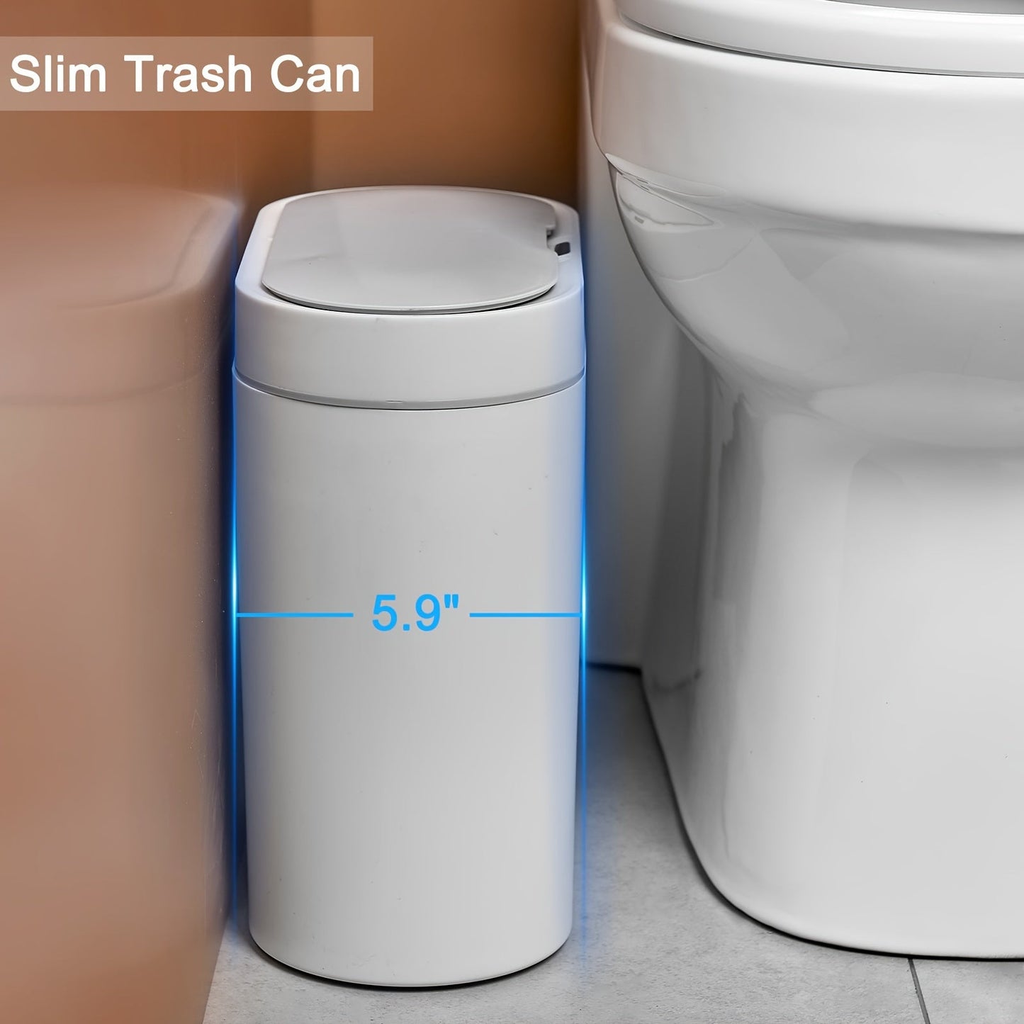 2,5 Gallonen schlanker automatischer Badezimmer-Mülleimer – wasserdichter Bewegungssensor, 9,5 l Fassungsvermögen, schmales Design für Schlafzimmer, Büro und kleine Räume