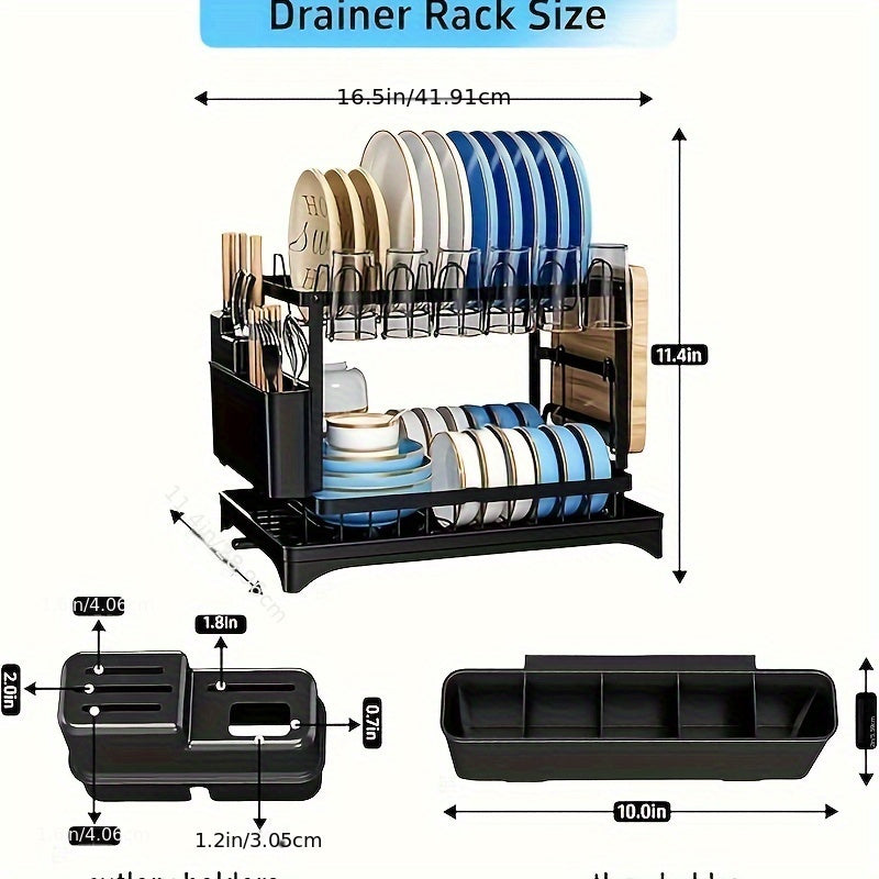 2-Tier Große Edelstahl Geschirr Trocken Rack mit Abtropfbrett – Schwarzer Geschirrständer für Küchentheke – Inklusive Platz für Geschirr, Messer, Tassen, Schneidebrett