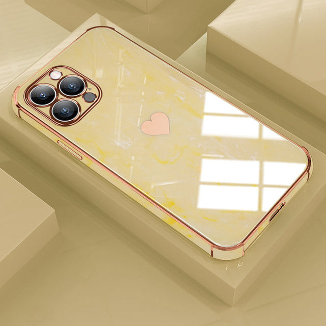 Luxuriöse Liebe-Herz-Marmor galvanisiertes Design iPhone-Hülle | MagSafe Case mit Kameralinsenschutzabdeckung für Apple iPhone 15/14/13/12 Pro Max Plus Cover | Panzertasche, Stoßstangenabdeckung Handyhülle | Premium-Hardcase-Cover Schutzhülle