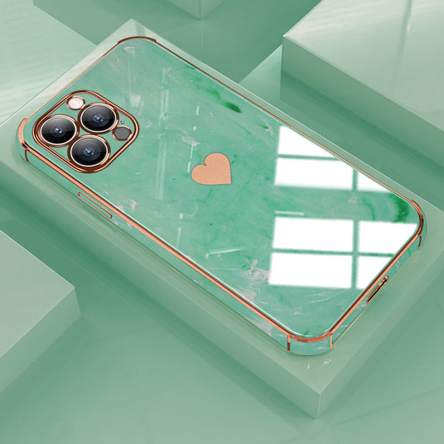 Luxuriöse Liebe-Herz-Marmor galvanisiertes Design iPhone-Hülle | MagSafe Case mit Kameralinsenschutzabdeckung für Apple iPhone 15/14/13/12 Pro Max Plus Cover | Panzertasche, Stoßstangenabdeckung Handyhülle | Premium-Hardcase-Cover Schutzhülle