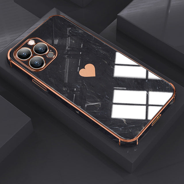 Luxuriöse Liebe-Herz-Marmor galvanisiertes Design iPhone-Hülle | MagSafe Case mit Kameralinsenschutzabdeckung für Apple iPhone 15/14/13/12 Pro Max Plus Cover | Panzertasche, Stoßstangenabdeckung Handyhülle | Premium-Hardcase-Cover Schutzhülle