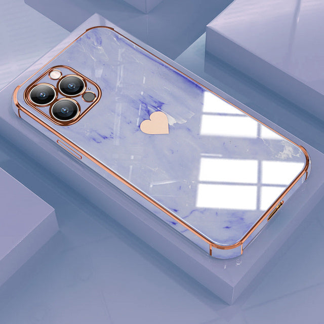 Luxuriöse Liebe-Herz-Marmor galvanisiertes Design iPhone-Hülle | MagSafe Case mit Kameralinsenschutzabdeckung für Apple iPhone 15/14/13/12 Pro Max Plus Cover | Panzertasche, Stoßstangenabdeckung Handyhülle | Premium-Hardcase-Cover Schutzhülle