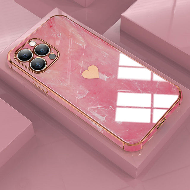 Luxuriöse Liebe-Herz-Marmor galvanisiertes Design iPhone-Hülle | MagSafe Case mit Kameralinsenschutzabdeckung für Apple iPhone 15/14/13/12 Pro Max Plus Cover | Panzertasche, Stoßstangenabdeckung Handyhülle | Premium-Hardcase-Cover Schutzhülle