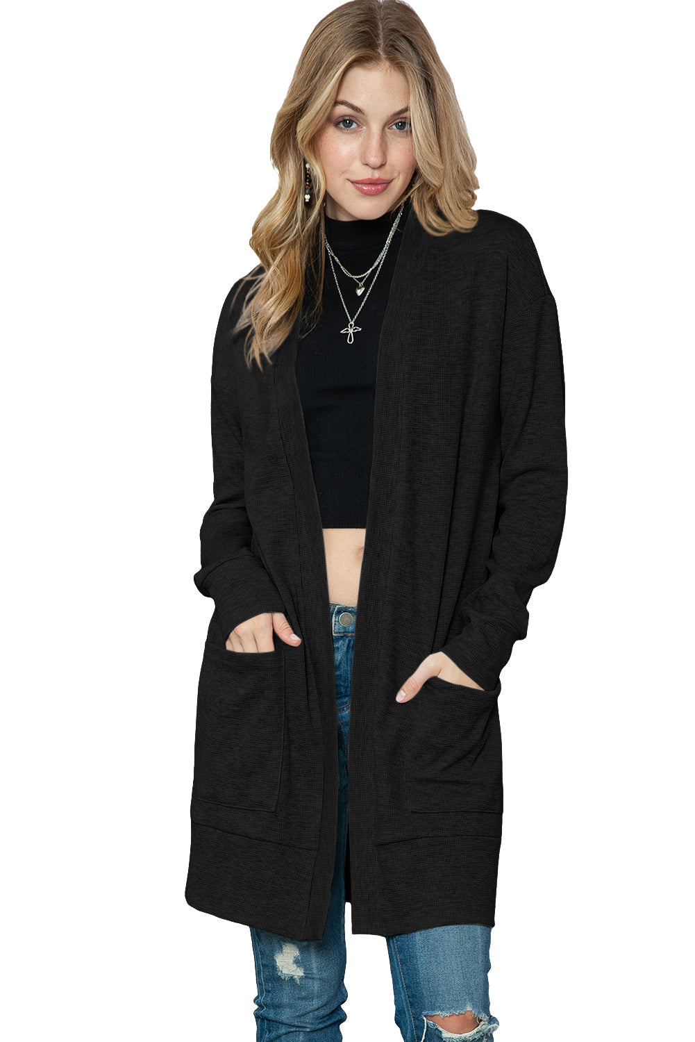 Schwarzer gerippter Strick cardigan mit offenen Vorderseite und Taschen