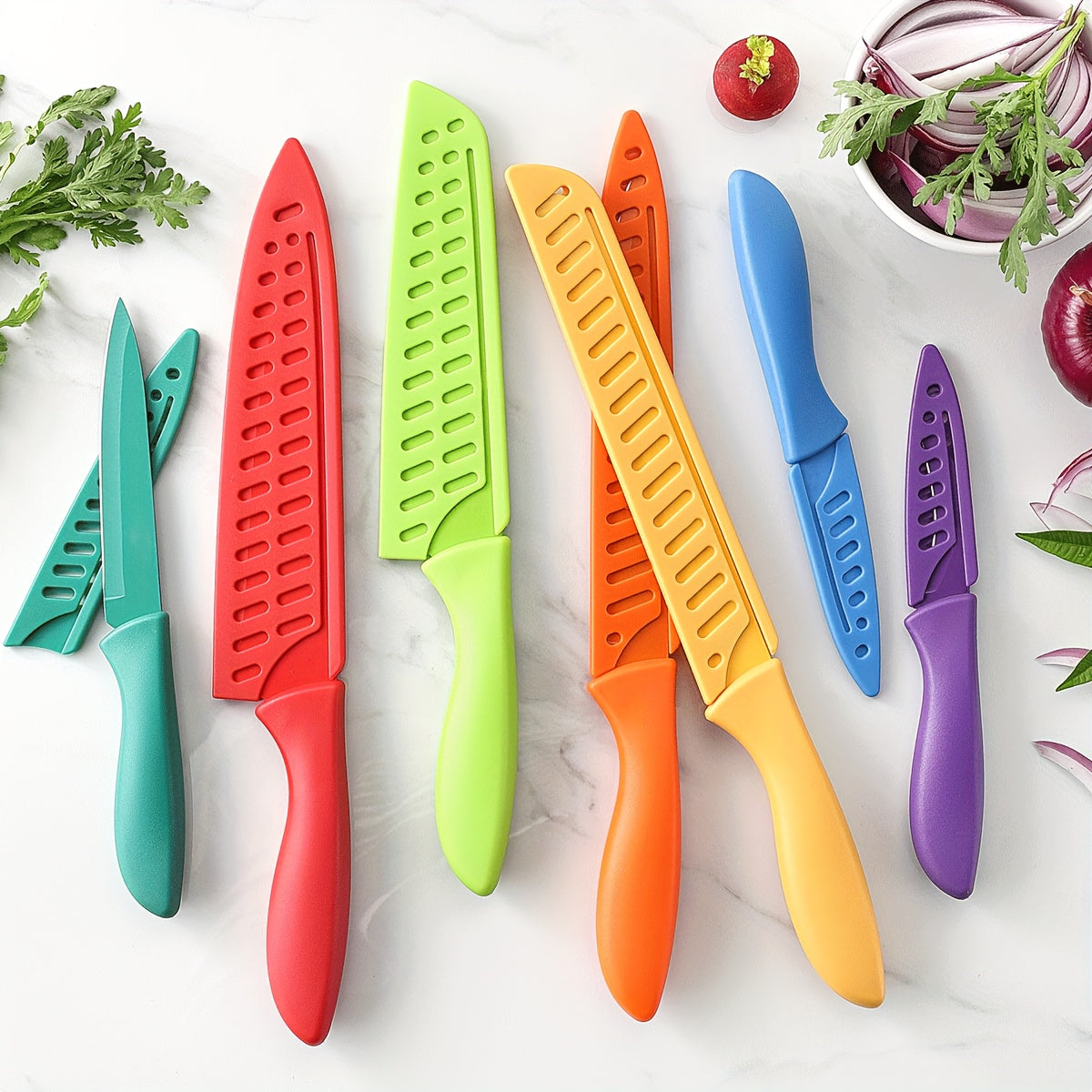14-teiliges Regenbogen-Küchenmesser-Set – Scharfe rostfreie Stahlmesser, spülmaschinenfest, professionelle Messer mit Scheiden und Klingenschutz, antihaftbeschichtet