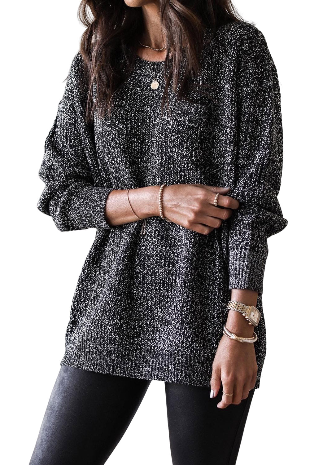 Schwarzer gemischter Muster Langarm-Tunika Pullover