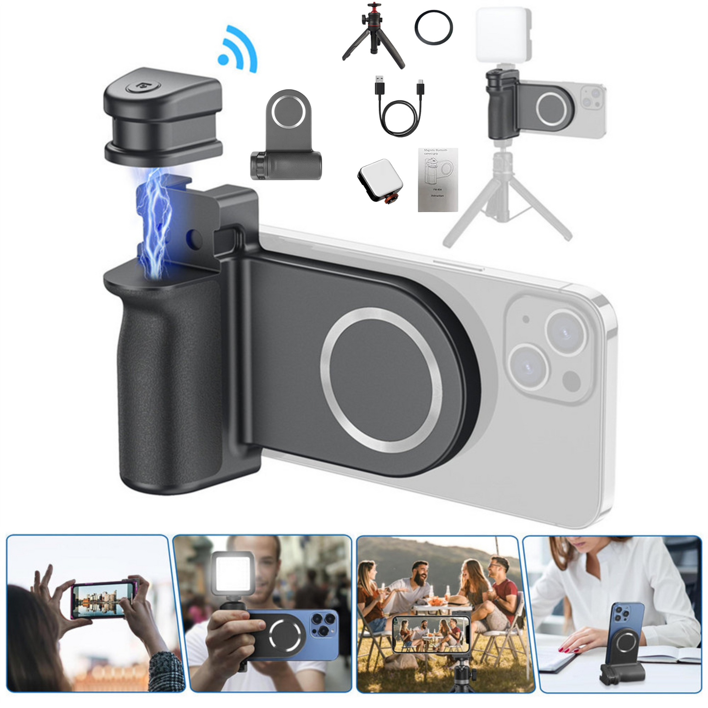 Hochwertiger Profi-Magnetischer Telefonhalter mit Bluetooth-Fernbedienung, Magsafe Griff für Apple iPhone 15/14/13/12/11 Pro Max Plus Mini, Samsung & Android - Ideal für Foto-/Videografie