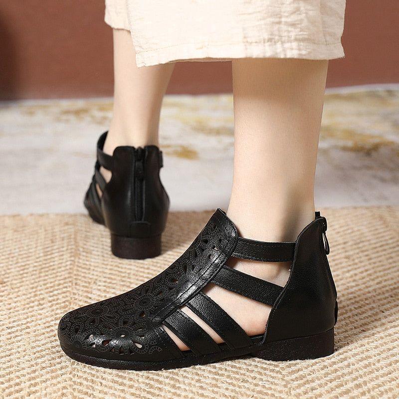 Leder Hohe Stiefel Flache Sandalen - Damen Freizeit Schuhe