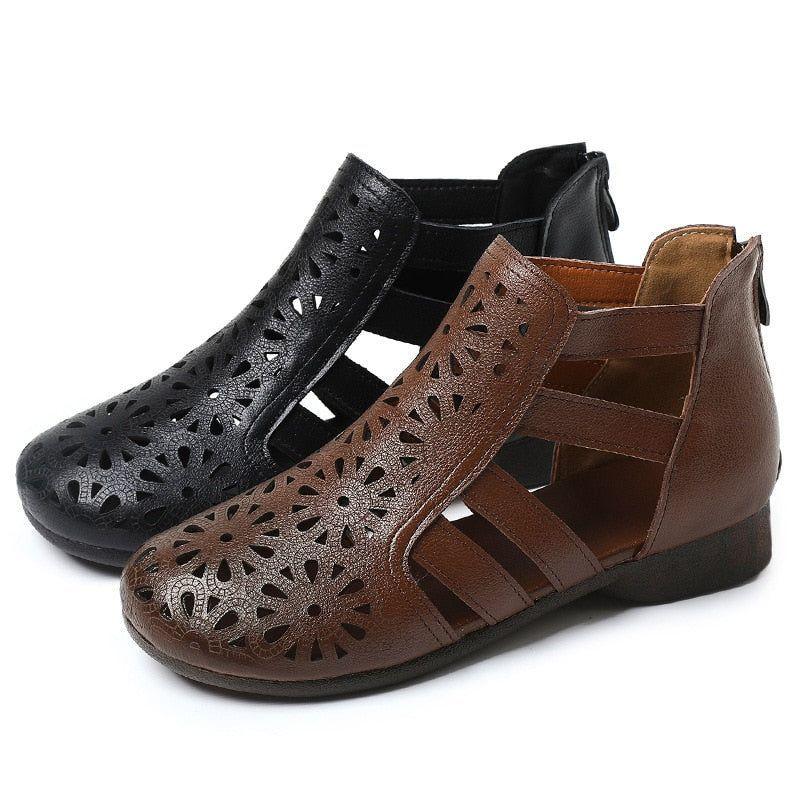 Leder Hohe Stiefel Flache Sandalen - Damen Freizeit Schuhe