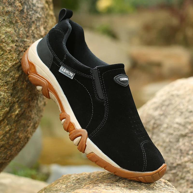 Schlappen Schwarz Atmungsaktives Leder Herren Freizeit Schuhe Sneaker