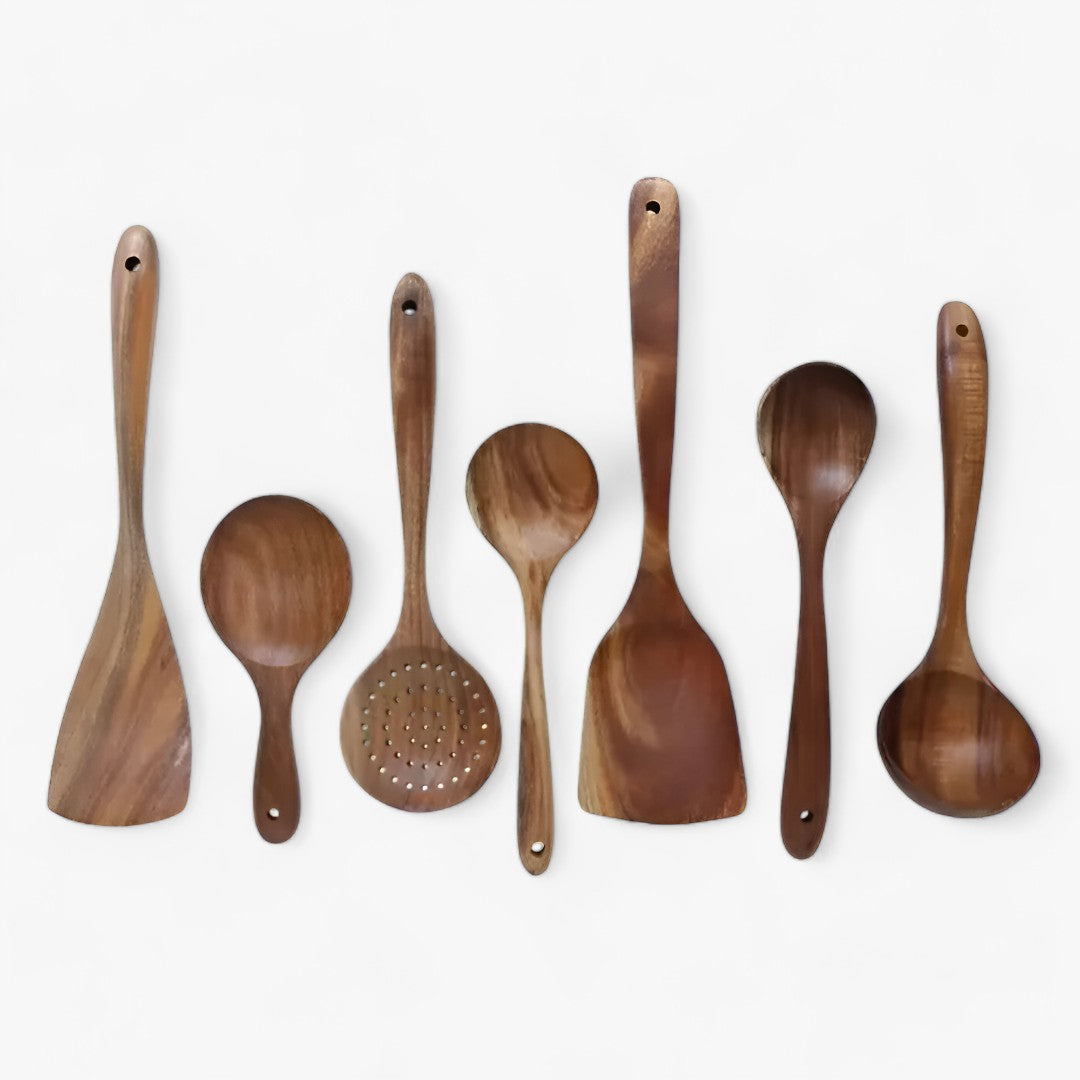 Elegantes Teakholz-Küchenbesteckset, 7-teiliges natürliches Luxus-Kochgeschirr