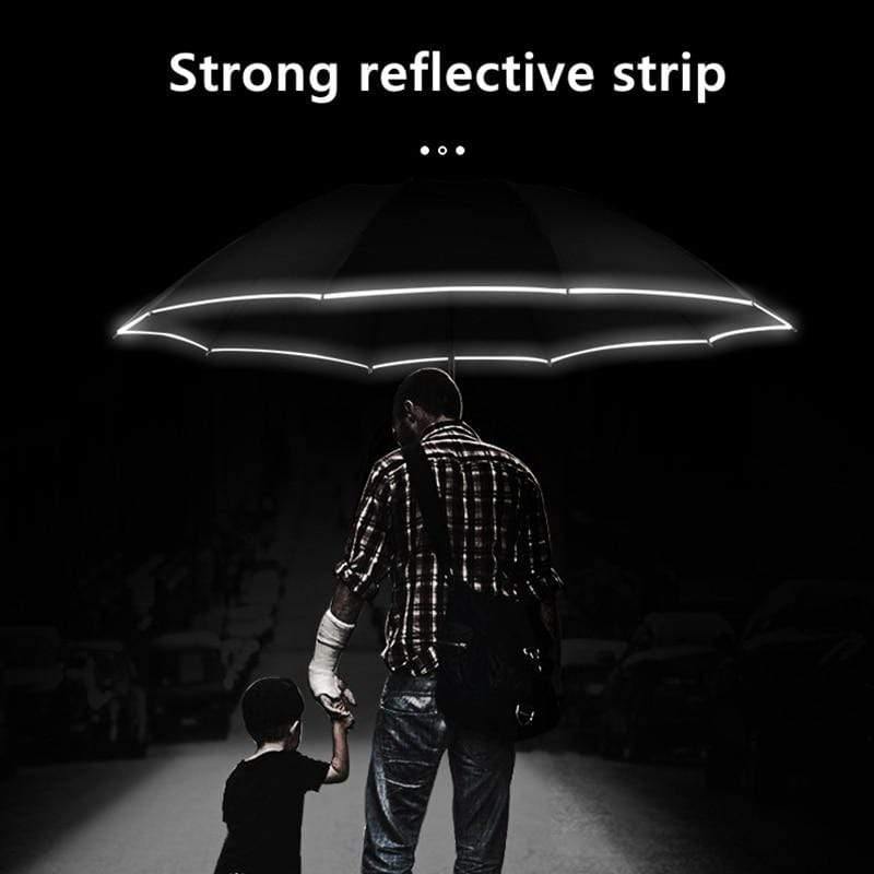 Automatischer Regenschirm mit reflektierendem Streifen, umgekehrter LED-Licht-Regenschirm, dreifach faltbar, invertiert, 10 Rippen, winddichte Regenschirme für Reisen