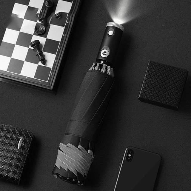 Automatische paraplu met reflecterende strip, omgekeerde LED-paraplu, drievoudig opvouwbaar, omgekeerd, 10 baleinen, winddichte paraplu's voor op reis