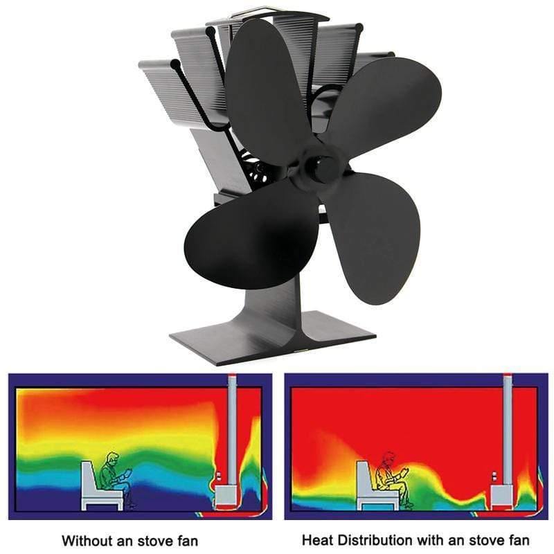 Schwarzer Ofenventilator 4-Flügel-Kaminventilator wärmebetrieben Kamin Holzofen ökologischer Ventilator freundlich leise Zuhause effiziente Wärmeverteilung