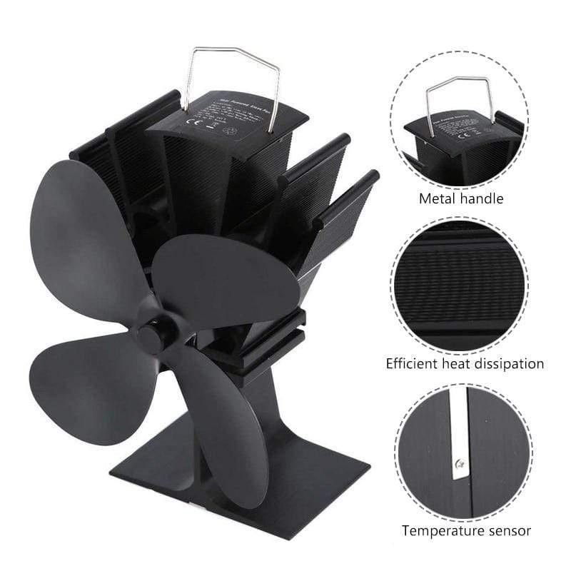 Schwarzer Ofenventilator 4-Flügel-Kaminventilator wärmebetrieben Kamin Holzofen ökologischer Ventilator freundlich leise Zuhause effiziente Wärmeverteilung