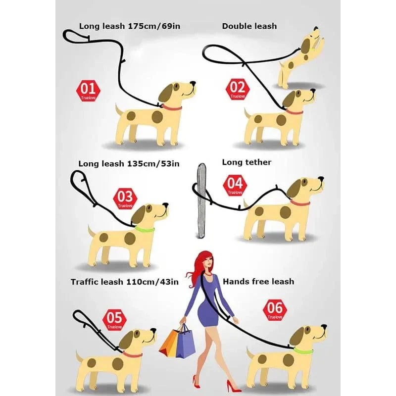 Truelove 7 In 1 Multifunktionale Verstellbare Hundeleine Freihändige Haustiertrainingsleine Reflektierende Multifunktions-Hundeleine Für 2 Hunde