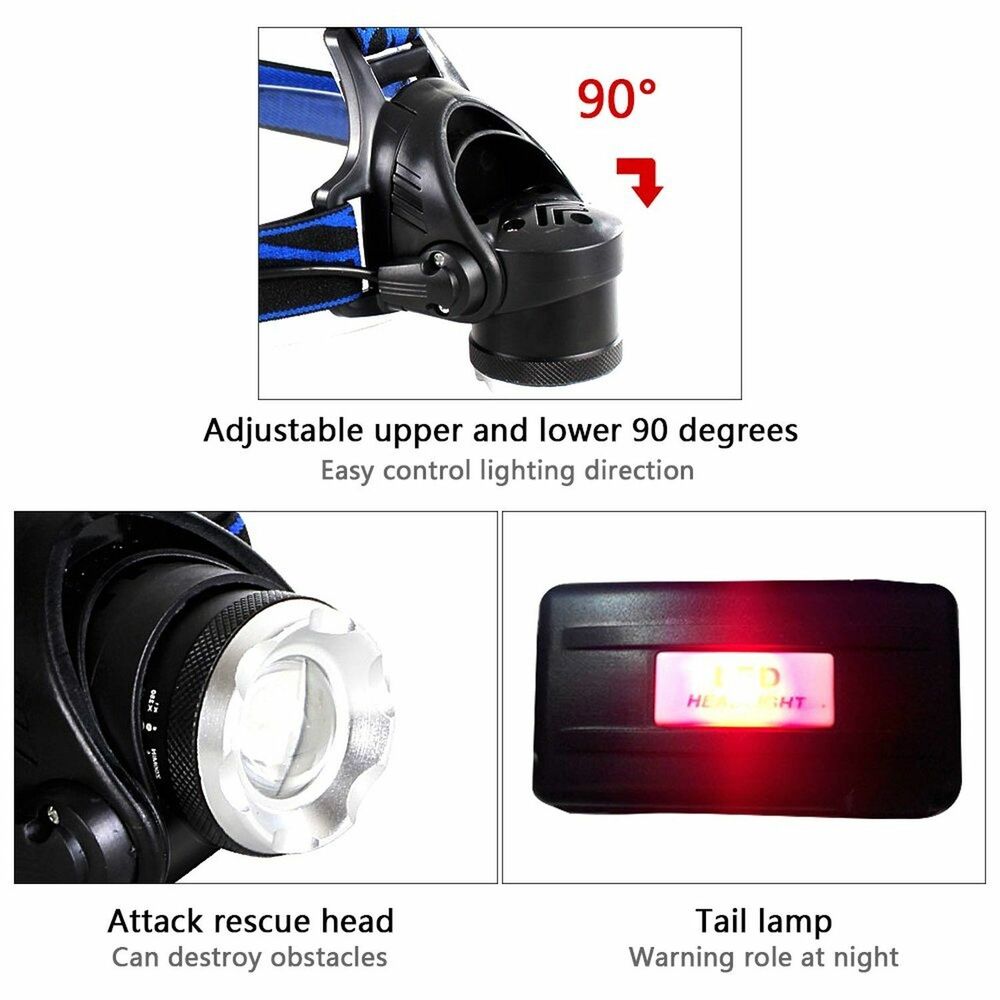 990000LM Wiederaufladbare LED Stirnlampe Zoom Taschenlampe Taktische Kopflampe Fackel