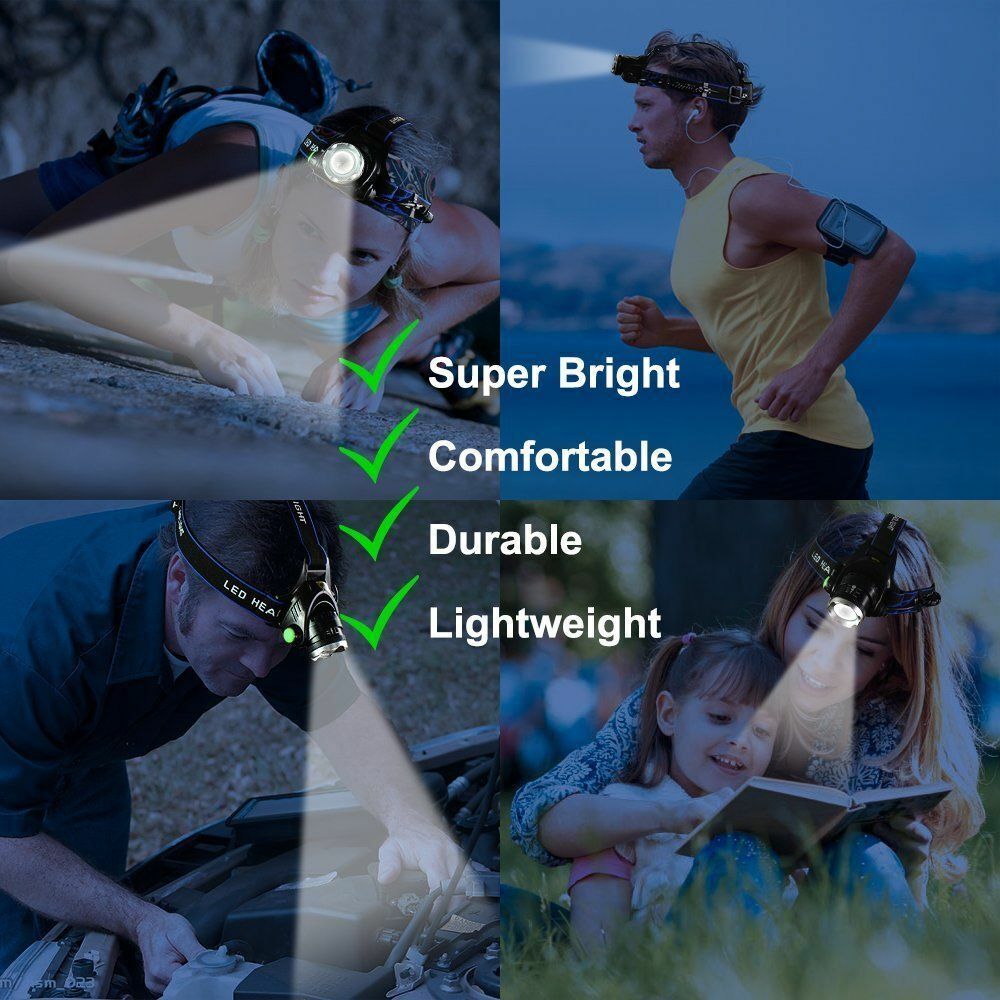990000LM Wiederaufladbare LED Stirnlampe Zoom Taschenlampe Taktische Kopflampe Fackel