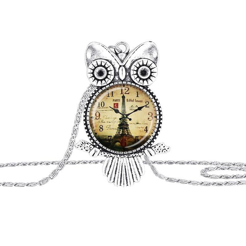 Silberne Uhr Eule Halskette