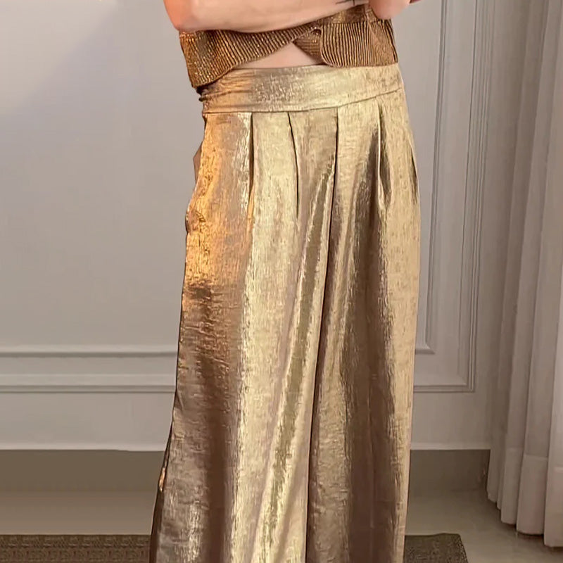 🔥Glanzend vest en wijde broek voor dames in een set van 2.