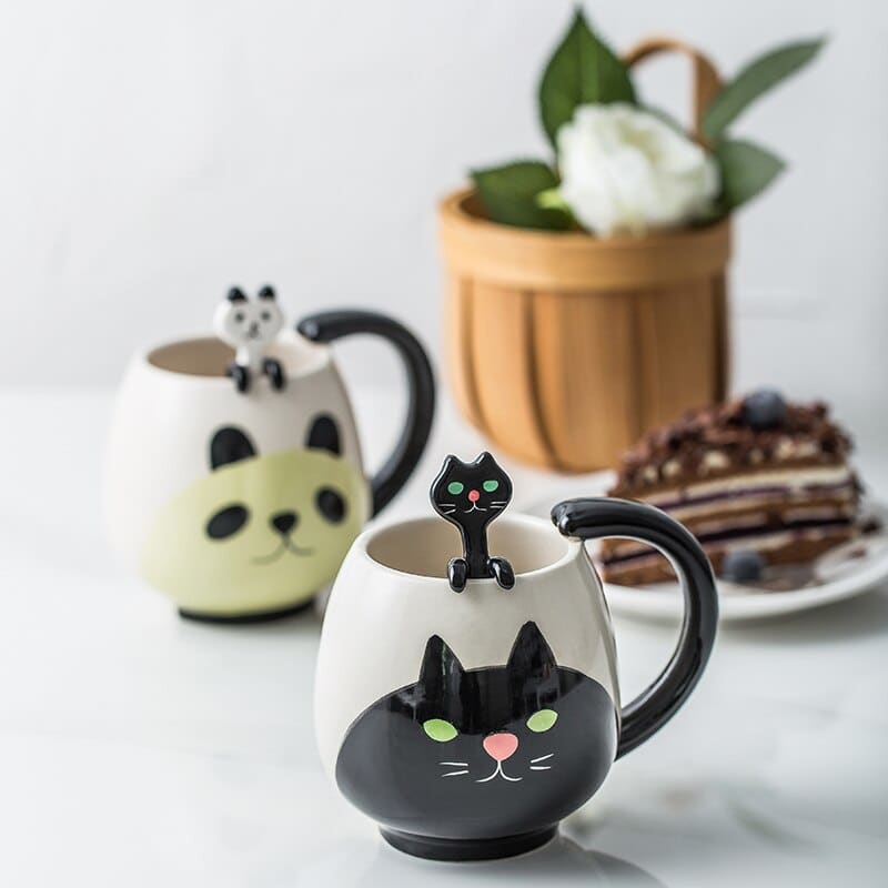 Keramiktasse mit schwarzer Katze und Löffel BRANYKAT™