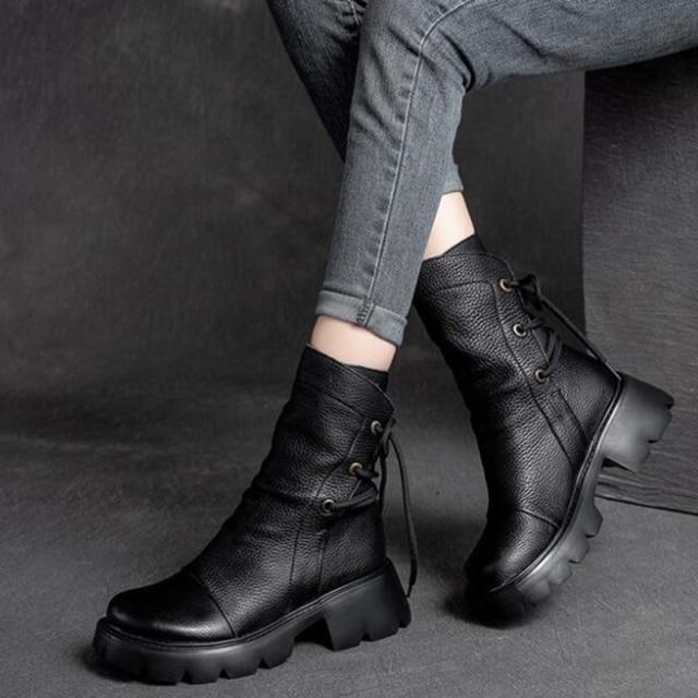 Damen Freizeit Schuhe echtes Leder Britische Schnür Retro Motorradstiefel