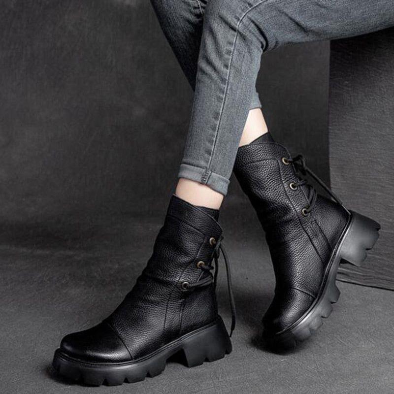 Damen Freizeit Schuhe echtes Leder Britische Schnür Retro Motorradstiefel