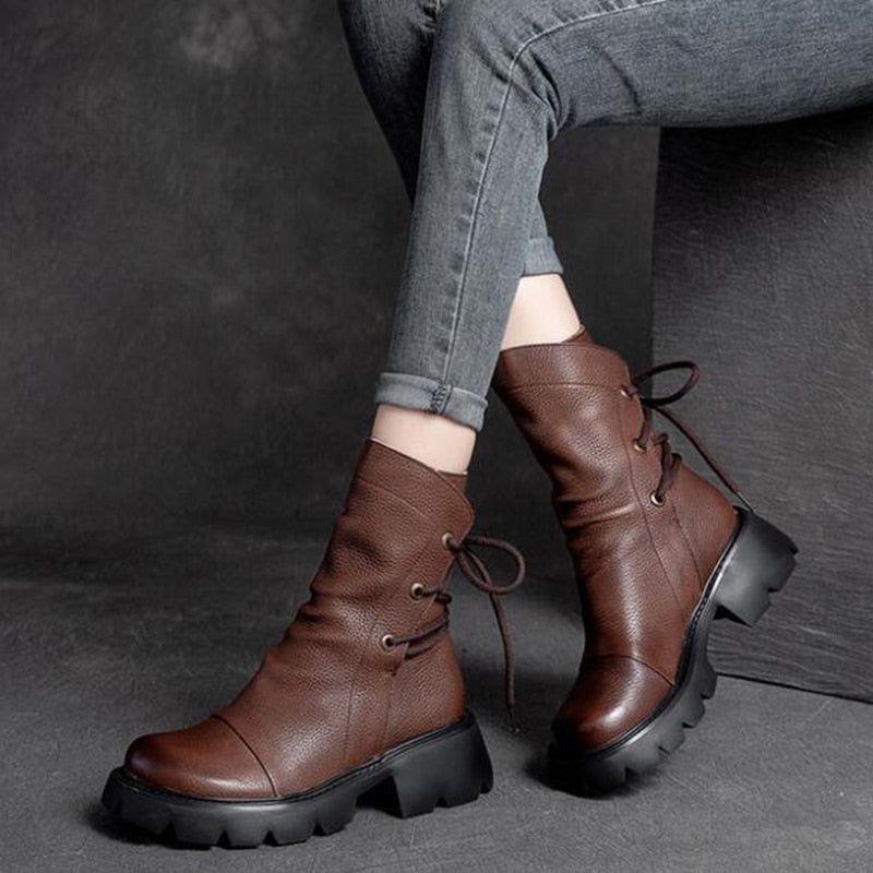 Damen Freizeit Schuhe echtes Leder Britische Schnür Retro Motorradstiefel