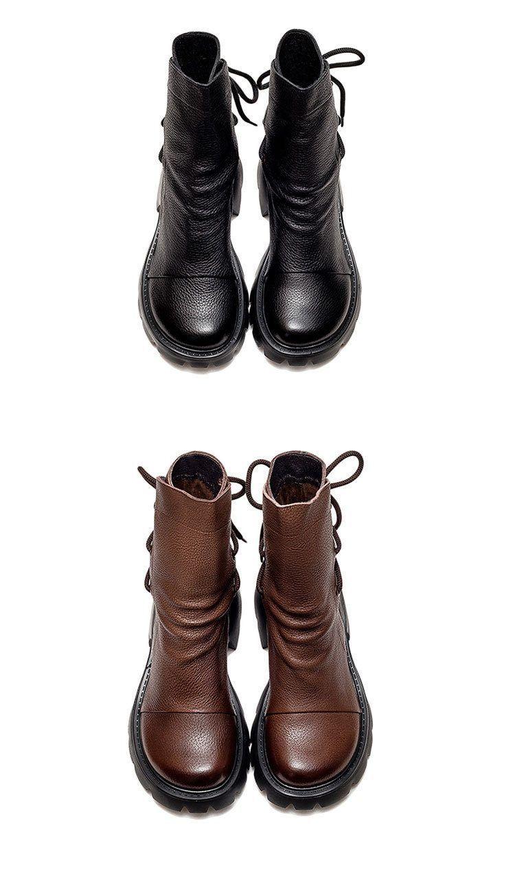 Damen Freizeit Schuhe echtes Leder Britische Schnür Retro Motorradstiefel