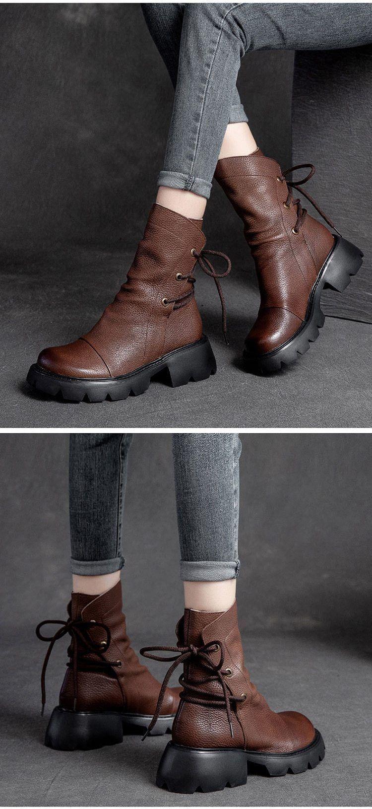 Damen Freizeit Schuhe echtes Leder Britische Schnür Retro Motorradstiefel