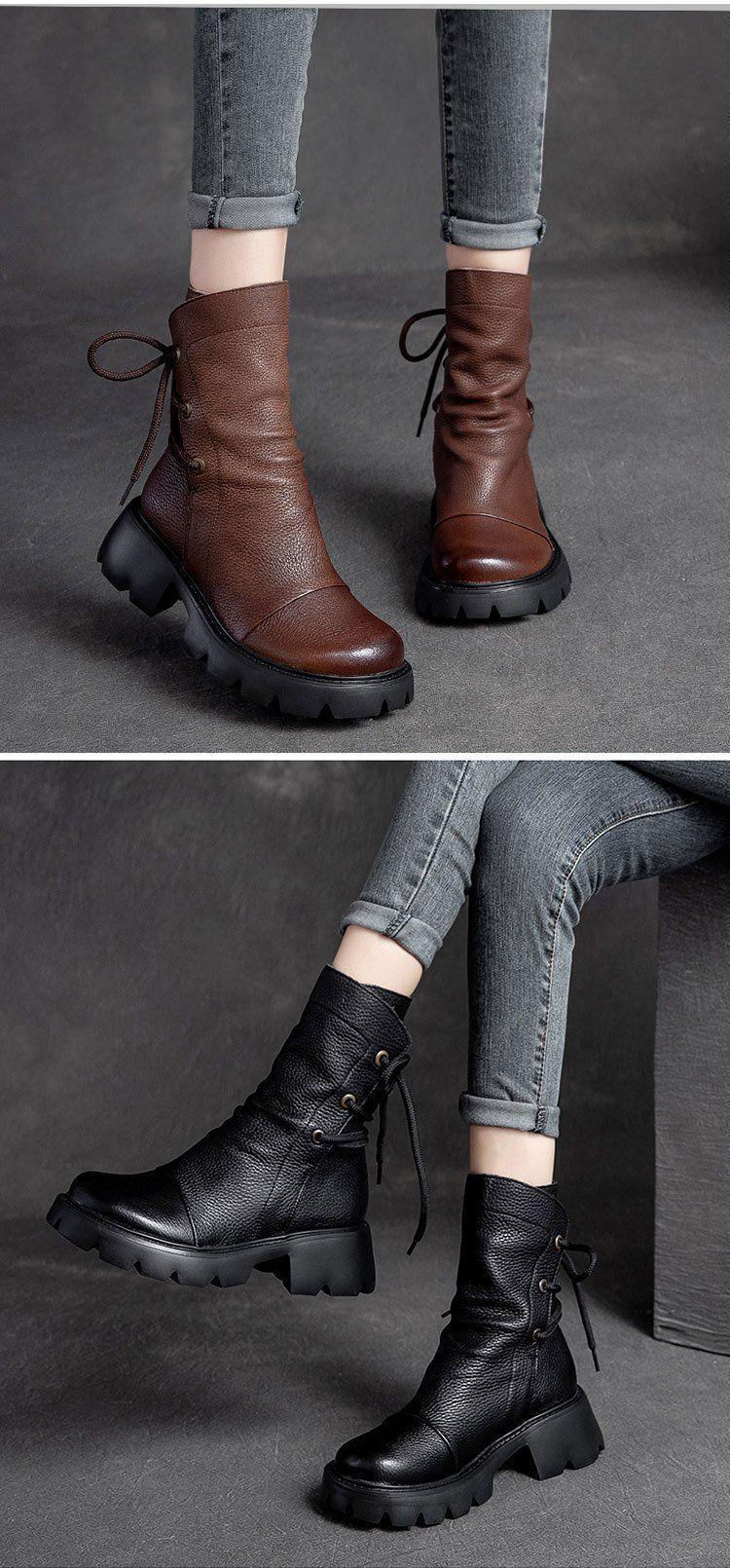 Damen Freizeit Schuhe echtes Leder Britische Schnür Retro Motorradstiefel