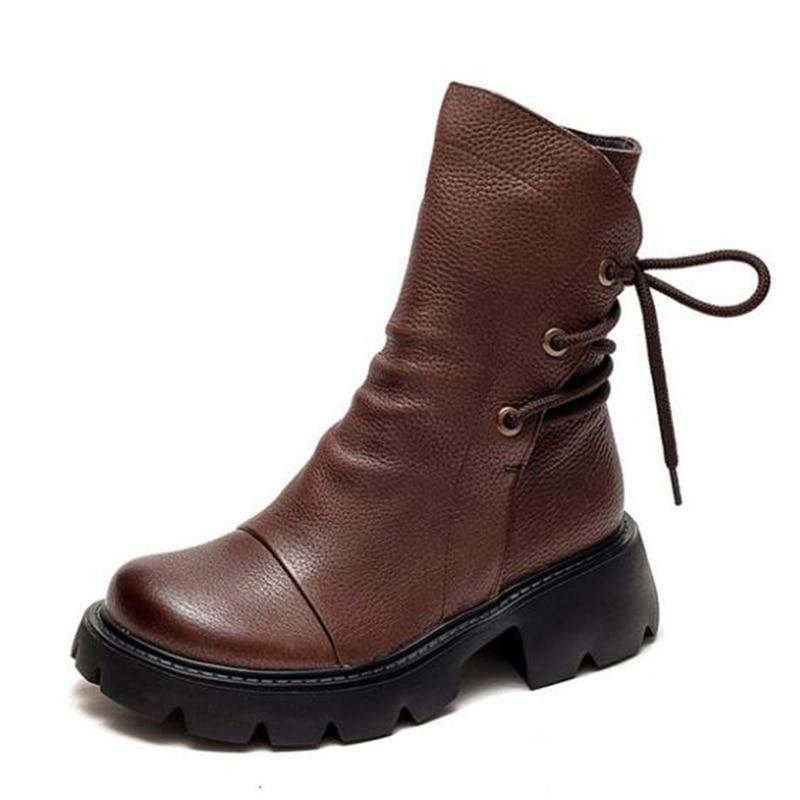 Damen Freizeit Schuhe echtes Leder Britische Schnür Retro Motorradstiefel