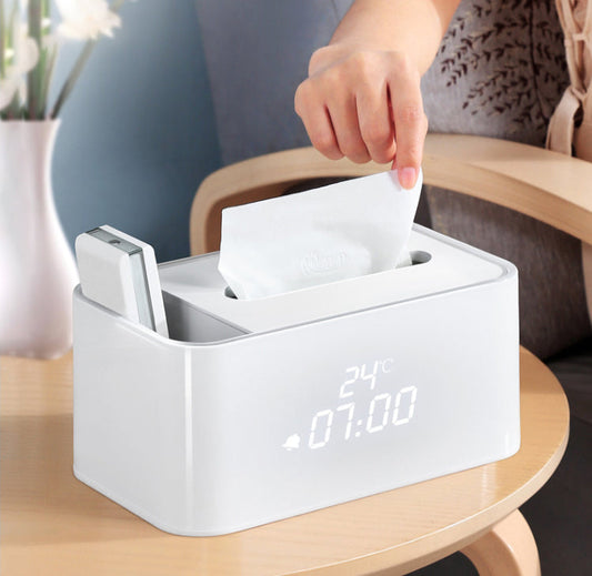 Sandsberg | Multifunktionaler Smart Electronic Alarm Clock Tissue Box, mit Innenraumthermometer und Sound Control Design, geeignet für Schlafzimmer, Wohnzimmer, Küche & Büro