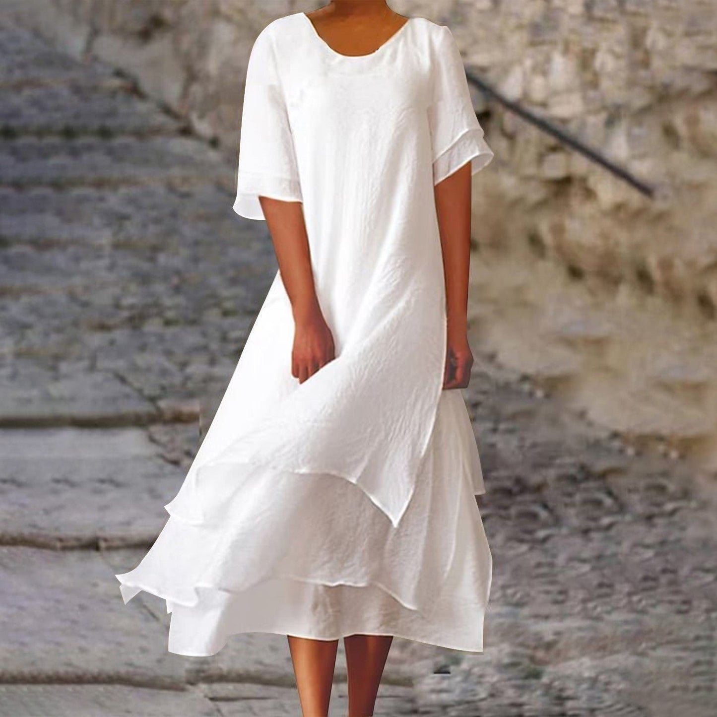 Helmine - Kurzärmeliges Kleid mit Rundhalsausschnitt aus Baumwolle