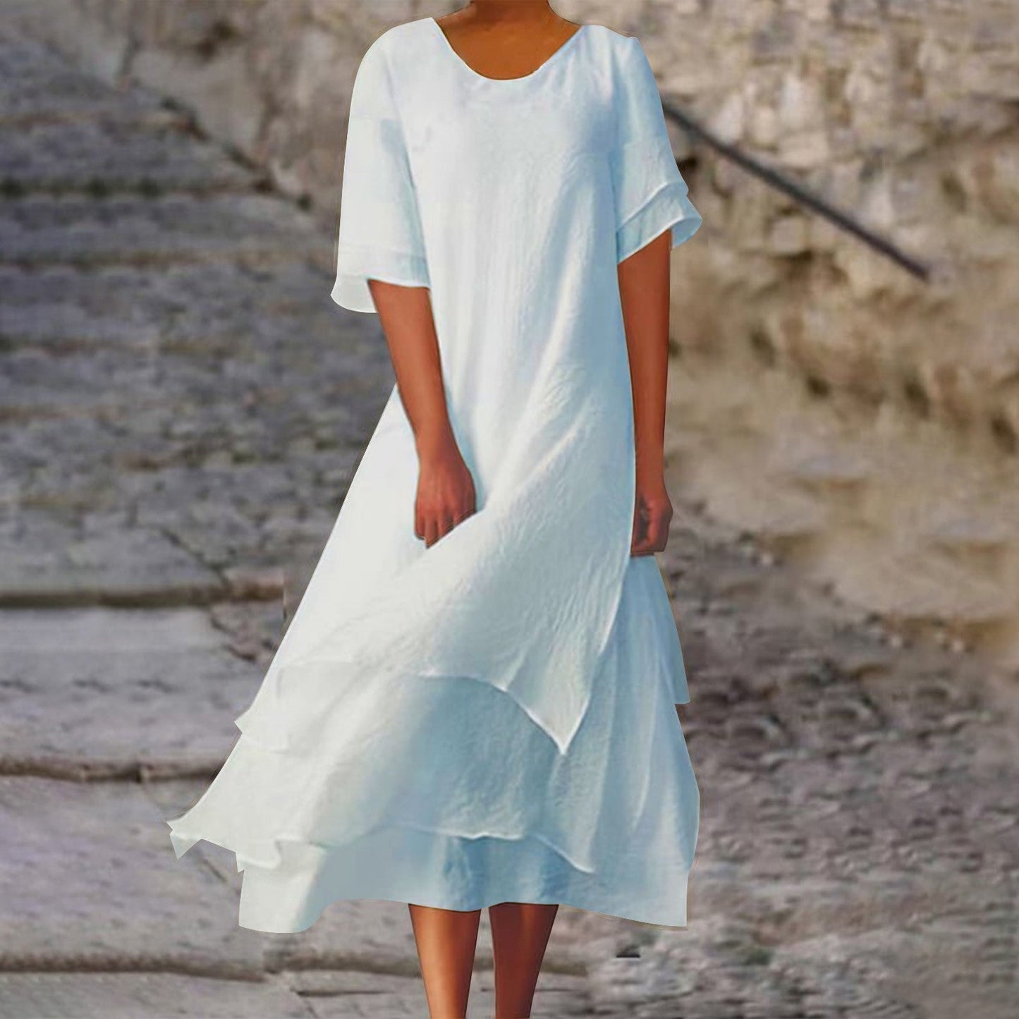 Helmine - Kurzärmeliges Kleid mit Rundhalsausschnitt aus Baumwolle