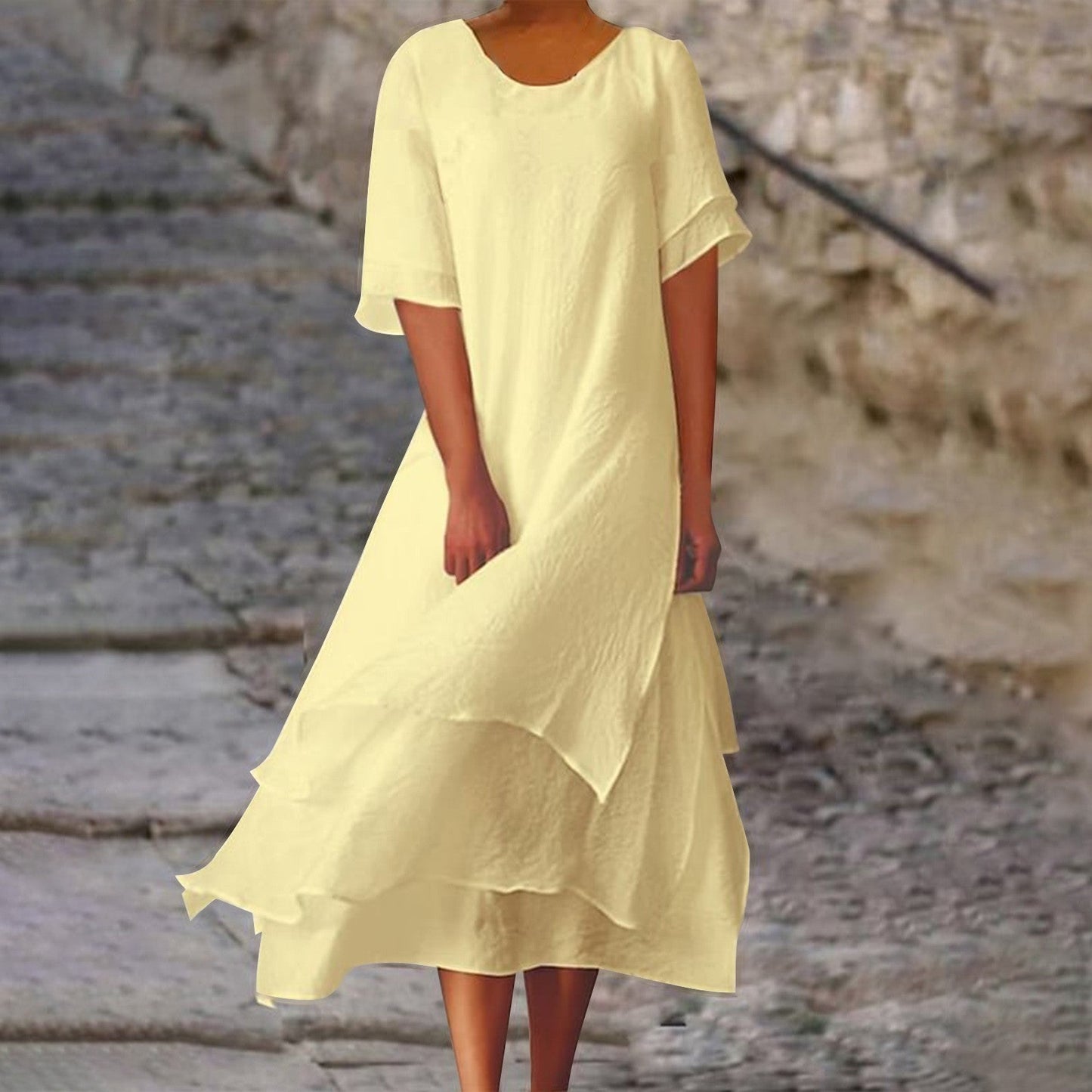 Helmine - Kurzärmeliges Kleid mit Rundhalsausschnitt aus Baumwolle