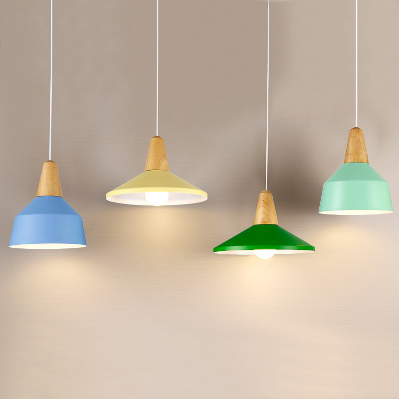 Moderne Minimalistische Runde Kegel Trapez Eisen Holz 1-Licht Pendelleuchte Für Wohnzimmer