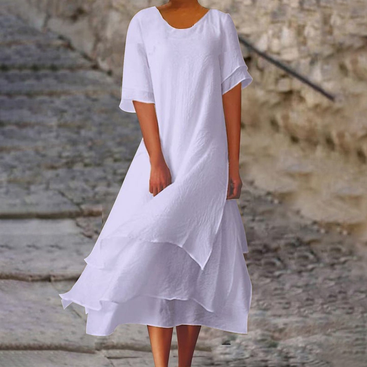 Helmine - Kurzärmeliges Kleid mit Rundhalsausschnitt aus Baumwolle