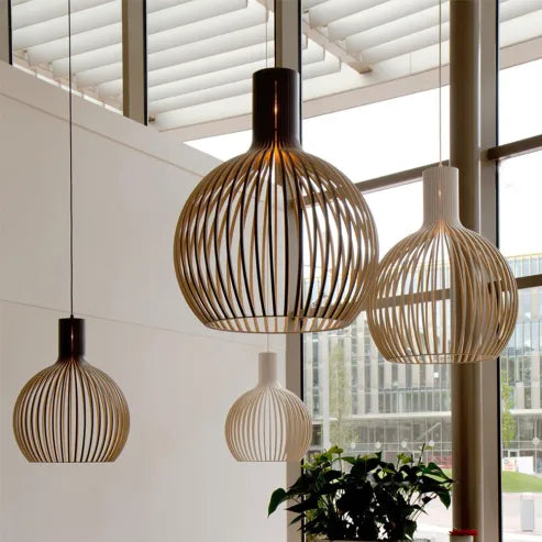 Nordic wooden birdcage lamp, Japanese creative hanging wooden lamp