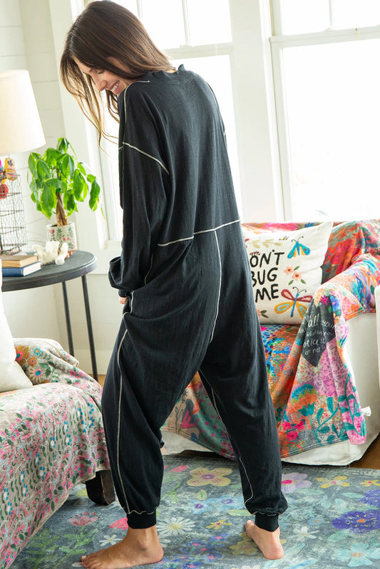 Schwarzer Exponierter Naht Übergroßer Drop Waist Jumpsuit
