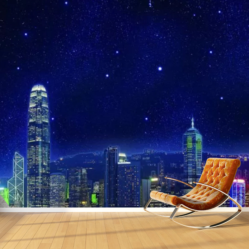 Simplicity Starry Skyscraper Wandmural in Blau Wohnzimmer Wandkunst, Personalisierte Größe Verfügbar