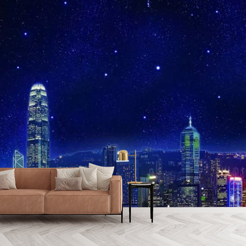 Simplicity Starry Skyscraper Wandmural in Blau Wohnzimmer Wandkunst, Personalisierte Größe Verfügbar