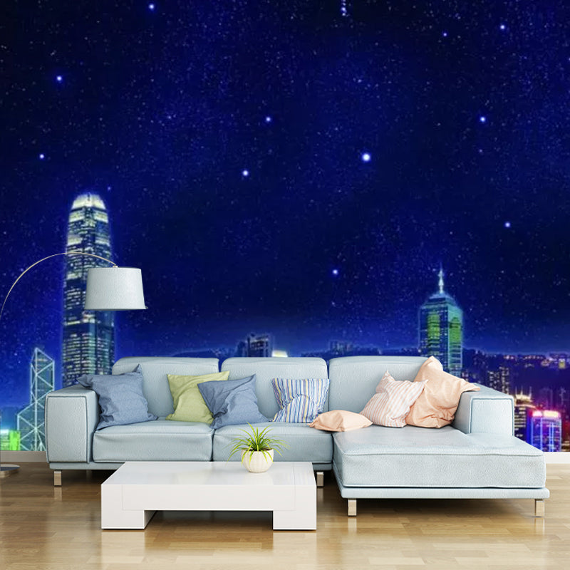 Simplicity Starry Skyscraper Wandmural in Blau Wohnzimmer Wandkunst, Personalisierte Größe Verfügbar