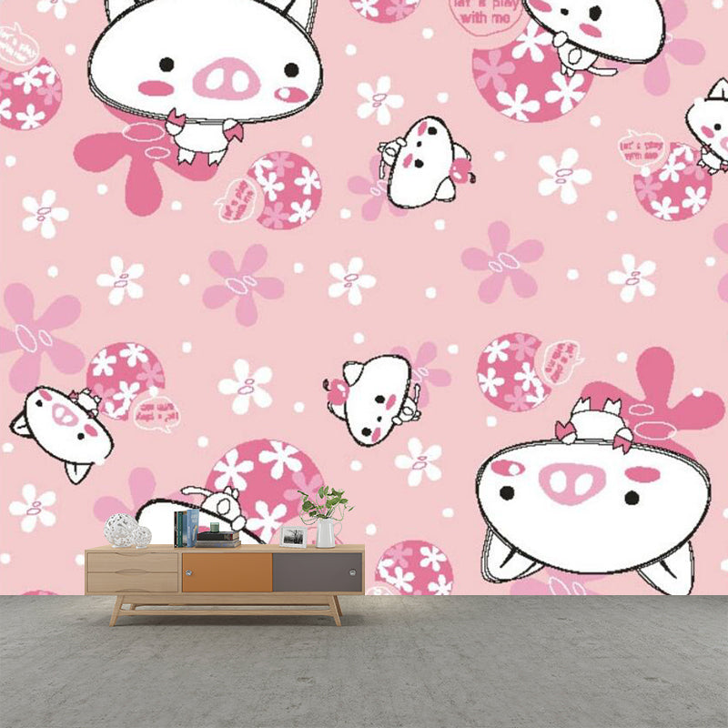 Pink Cat und Pig Wandmalereien Cartoon Kinderkunst Flecken-geschützter Wandbelag für das Babyzimmer