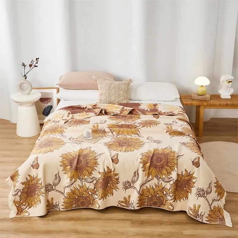 Leichte Steppdecke mit Quasten und Sonnenblumenmuster aus reiner Baumwolle