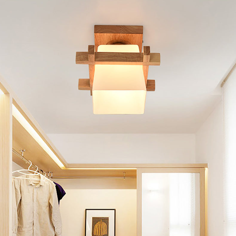 Traditionelle Japanische Holzrahmen Glas Säule 1-Licht Semi-Flush Mount Deckenleuchte Für Wohnzimmer