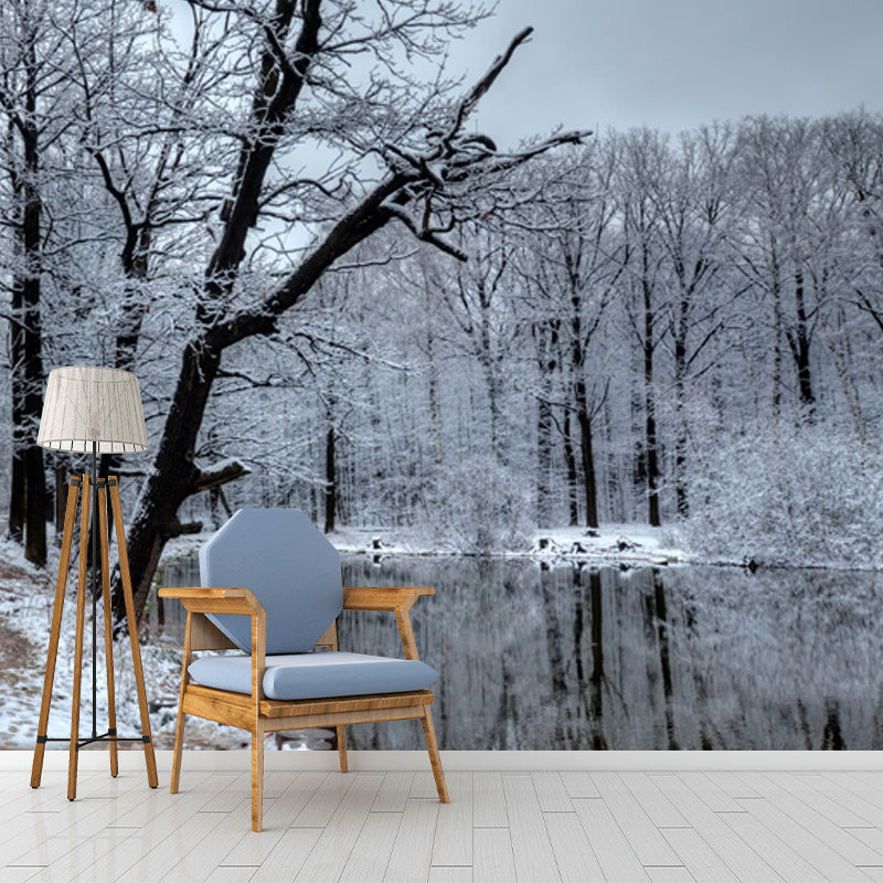 Sandsberg | Meer Reflectie Sneeuwachtige Boom Muurpapier Grijs Moderne Wandbekleding voor Slaapkamer