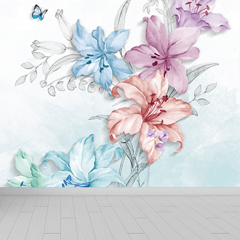 Stylische blühende Lilien Tapete Wandbild Blau und Pink Blumen Wanddekoration für Schlafzimmer