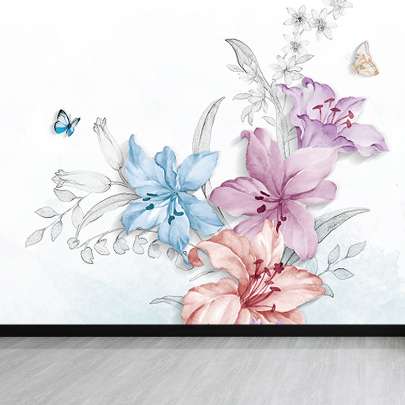 Stylische blühende Lilien Tapete Wandbild Blau und Pink Blumen Wanddekoration für Schlafzimmer